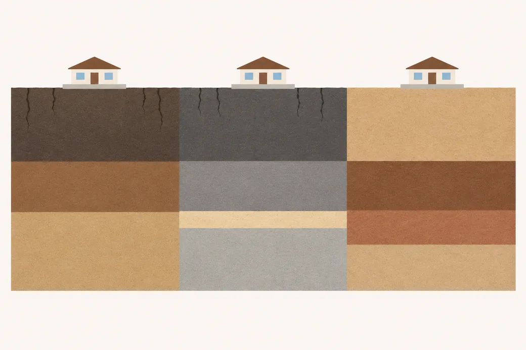 Cross-section of three ground types side by side, each under a small house: cracked dark clay over brown river silt and sand, cracked dark gray clay over gray clay and silt with a thin sand bed, and a sandy top with no cracks over a brown clay loam layer