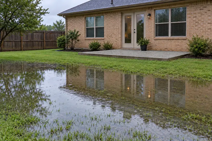 Rainwater pooled across a back lawn in front of a tan brick house and its concrete patio