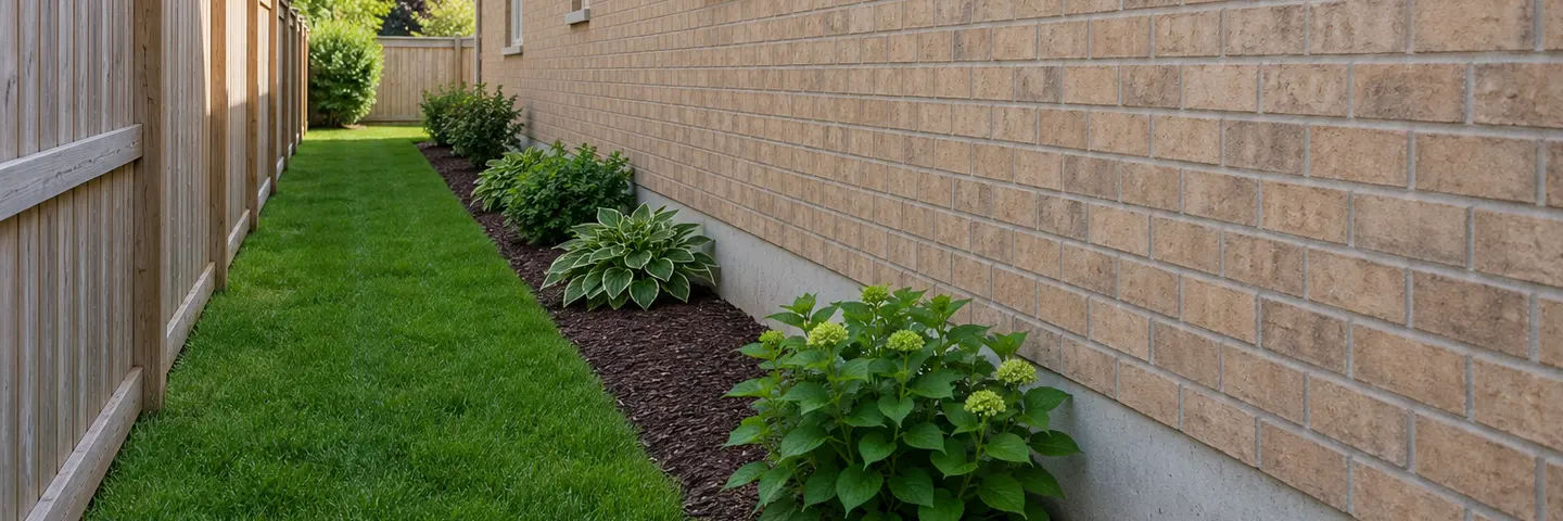 The side yard of a tan brick house, with a concrete foundation edge, mulched planting bed and a wood fence