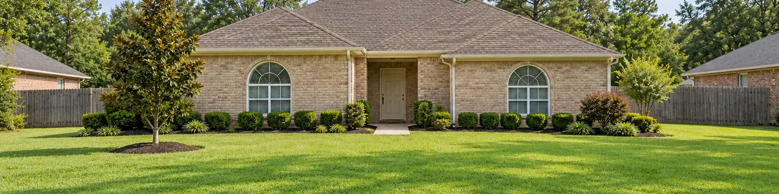 A single-story tan brick house with arched windows behind a wide green lawn and a young magnolia, under a blue sky