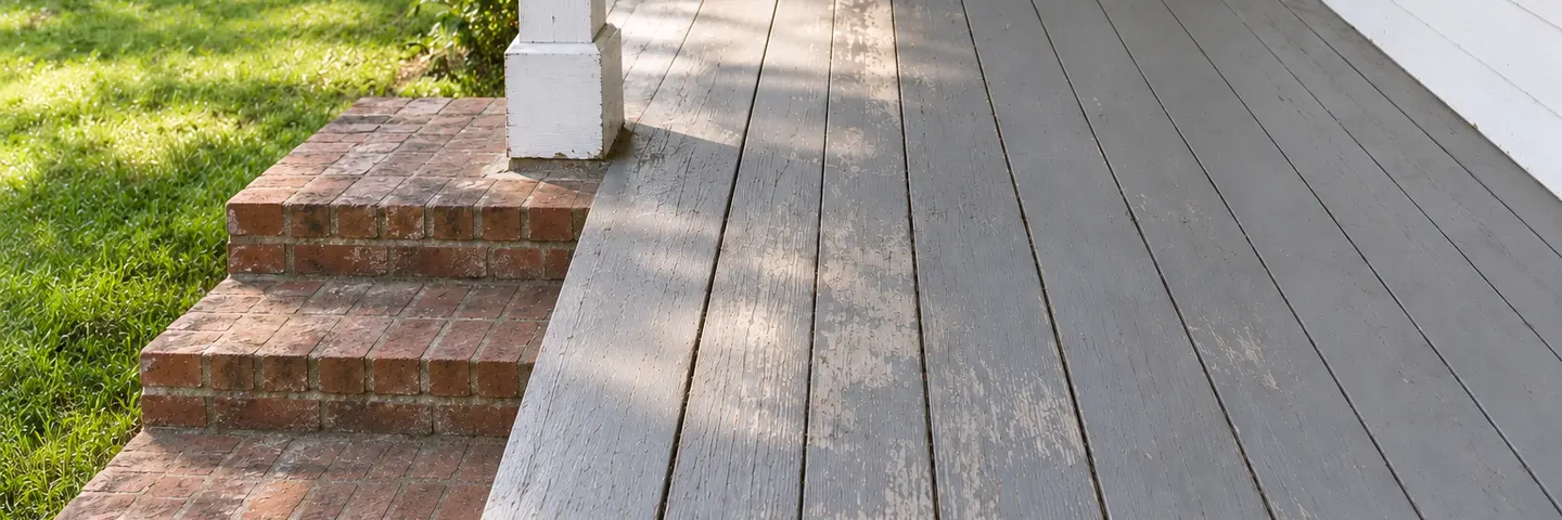 A painted gray wood porch floor raised above the lawn, with brick steps and a white post